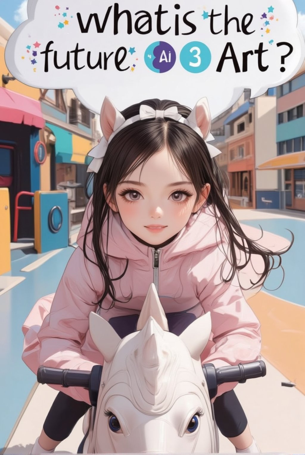 An anime of a cute girl saying "What is the future of AI Art?" in a big word bubble.big smile.riding a toy horse in a playground,beauy_ks01,anime style,ek_an1_b00ster,acryli painting,ILLUSTRANIME