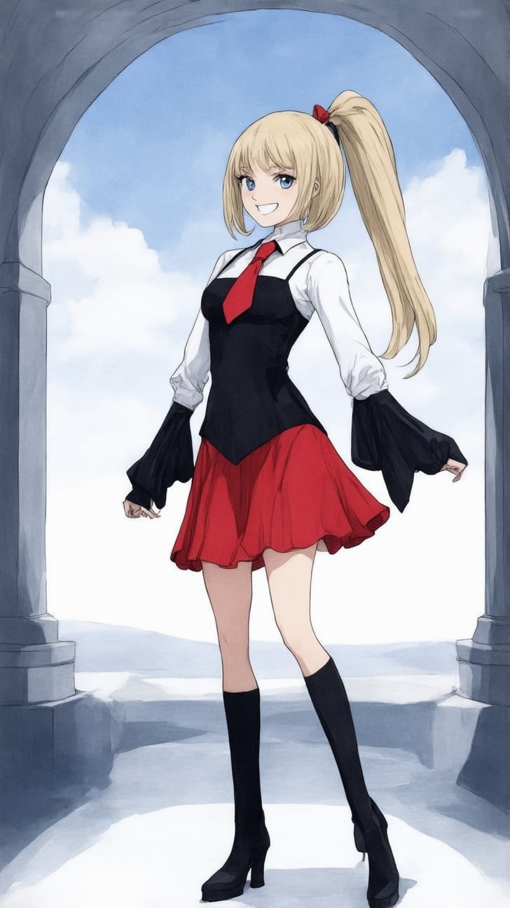 1girl, solo, long hair, breasts, looking at viewer, smile, bangs, blue eyes, skirt, blonde hair, large breasts, simple background, hair ornament, thighhighs, cleavage, bare shoulders, full body, ponytail, pleated skirt, boots, detached sleeves, necktie, hairclip, black thighhighs, strapless, red skirt, white footwear, red necktie, black background, cross-laced footwear, machinery, turret, aircraft, airplane, rigging,ek_ani_b00ster,Watercolor
BREAK
anime style:1.2,(rule of thirds:1.2),perfect composition,trending on artstation,(thick and clear drawing lines:1.1),masterpiece,best quality,sharp focus,high contrast,detailed,vivid colors, ek_ani_b00ster,ek_art_b00ster