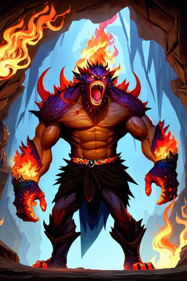 An evil man stands in a cave. He uses magic spell and turns into the fire monster \(ek_ge1frt\), looking at viewer,roaring,fire elemental effect, ek_game_3ffect,