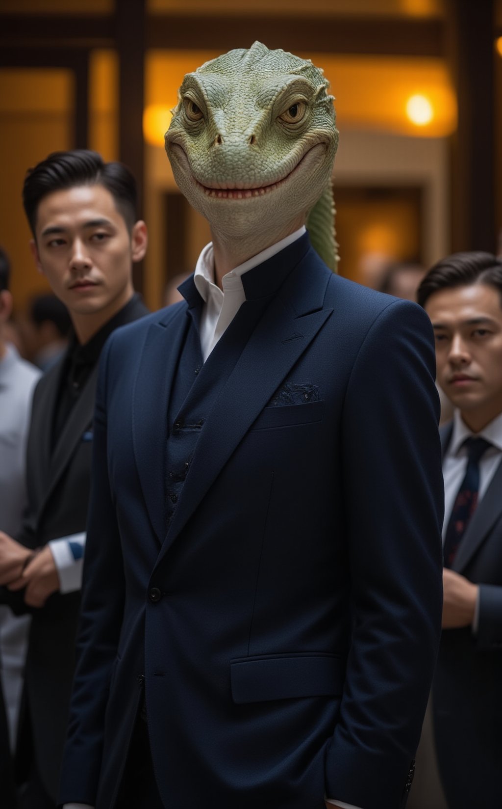 A sleek and imposing reptilian figure, dressed in a sharp suit, stands confidently in front of a crowd. The reptilian's true face is hidden behind a smiling human mask, projecting an air of charm and authority. While the onlookers are captivated by the charismatic façade, subtle hints of its true nature peek through—the gleam of scales and cold, calculating eyes just visible at the edges of the mask. This scene captures the eerie contrast between the reptilian overlord's deceptive appearance and its sinister intent, embodying the hidden control exerted over humanity.
BREAK
realistic,detailed,sharp focus,high contrast,rule of thirds,depth of perspective,award-winning photo,chiaroscuro lighting
BREAK
ek_g1rl_02,ek_art_b00ster,beauy_ks01, ek_ph0t0_b00ster