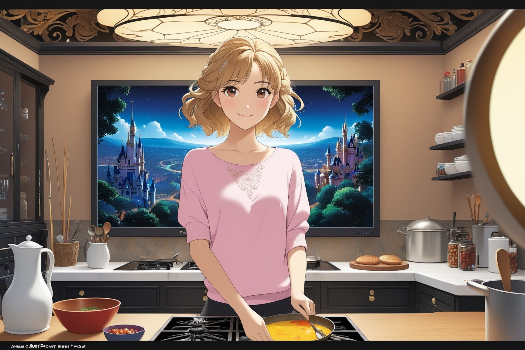 Highly detailed anime of a beautiful girl cooking in kitchen,20yo,1 girl,Big smile,short brown hair,[dark] brown skin,wearing a pink shirt and black leggings
BREAK
[backdrop of kitchen and livingroom,TV,sofa,1boy,cluttered maximalism],(girl focus)
BREAK 
(anime vibes:1.3),(Disney Pixar-style:1.3),rule of thirds,studio photo,(masterpiece,best quality,trending on artstation,8K,Hyper-detailed,intricate details),cinematic lighting,by Karol Bak,Gustav Klimt and Hayao Miyazaki,ani_booster,real_booster,art_booster