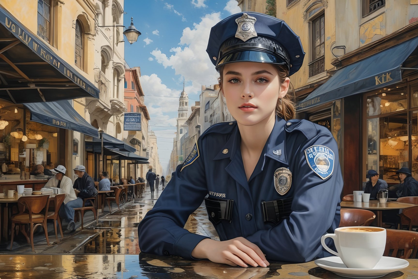 Hyper-Realistic photo of a beautiful LAPD police officer sitting in a cafe,20yo,1girl,solo,LAPD police uniform,cap,detailed exquisite face,soft shiny skin,smile,looking at viewer,Kristen Stewart lookalike,cap,sunglasses,fullbody:1.3
BREAK
backdrop:city street,table,coffee mug,sky,puddles,[cluttered maximalism]
BREAK
settings: (rule of thirds1.3),perfect composition,studio photo,trending on artstation,depth of perspective,(Masterpiece,Best quality,32k,UHD:1.4),(sharp focus,high contrast,HDR,hyper-detailed,intricate details,ultra-realistic,kodachrome 800:1.3),(cinematic lighting:1.3),(by Karol Bak$,Alessandro Pautasso$,Gustav Klimt$ and Hayao Miyazaki$:1.3),art_booster,photo_b00ster, real_booster