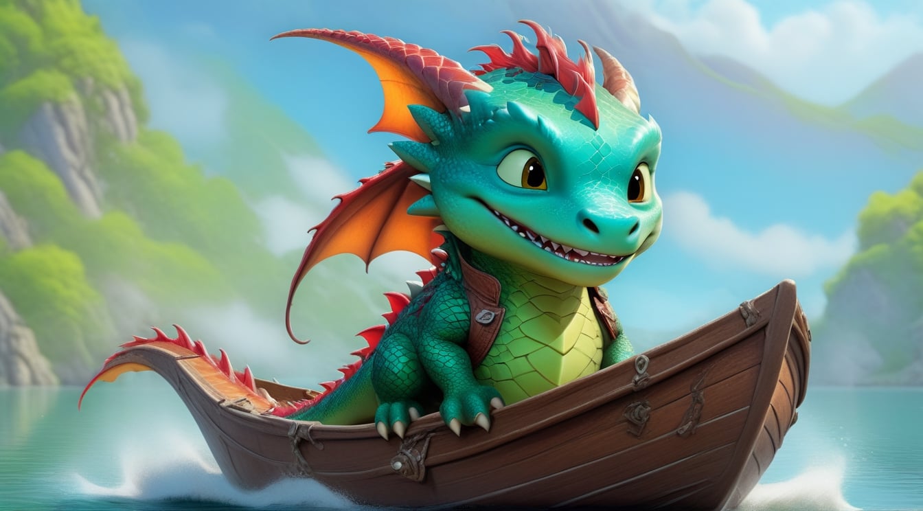 a cute dragon boy,driving a cute motor boat on a lake,beautiful lake backdrop,highly detailed,cinematic lighting,rule of thirds,depth of perspective,trending on artstation,wide shot,dragon_h,art_booster,real_booster