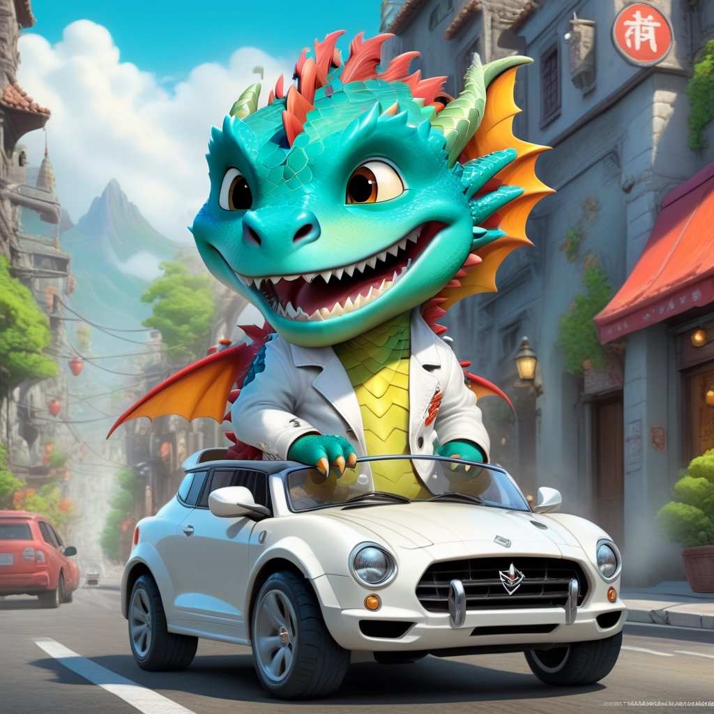 Cartoon: a very cute and young dragon boy,driving a cool SUV,cheerful,white jacket,(complex city street backdrop),cinematic lighting,rule of thirds,depth of perspective,trending on artstation,(hyper-realistic,Ultra-detailed,sharp focus,high contrast,HDR,masaterpiece, RAW photo,photo realism:1.3),(fullbody:1.3),dragon_h,art_booster, real_booster,H effect