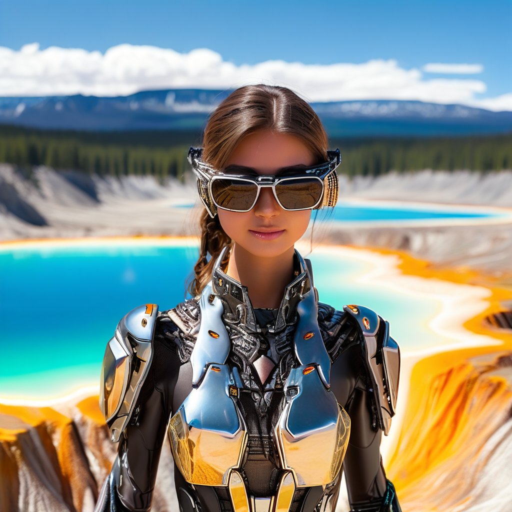 realistic photo of a beautiful cyborg girl standing in Grand Prismatic Spring of Yellowstone,20yo,sunglasses,detailed face,model body,looking at viewer,playful smirks,detailed hair blowing,vibrant colors,highly detailed form-fitting mecha armor,upper body focus
BREAK
backdrop:detailed photo of Grand Prismatic Spring \(grandpr1smat1c\) in Yellowstone,1 spring,
 BREAK 
rule of thirds,studio photo,detailed,realistic,cinematic lighting,Ye11owst0ne,grandpr1smat1c