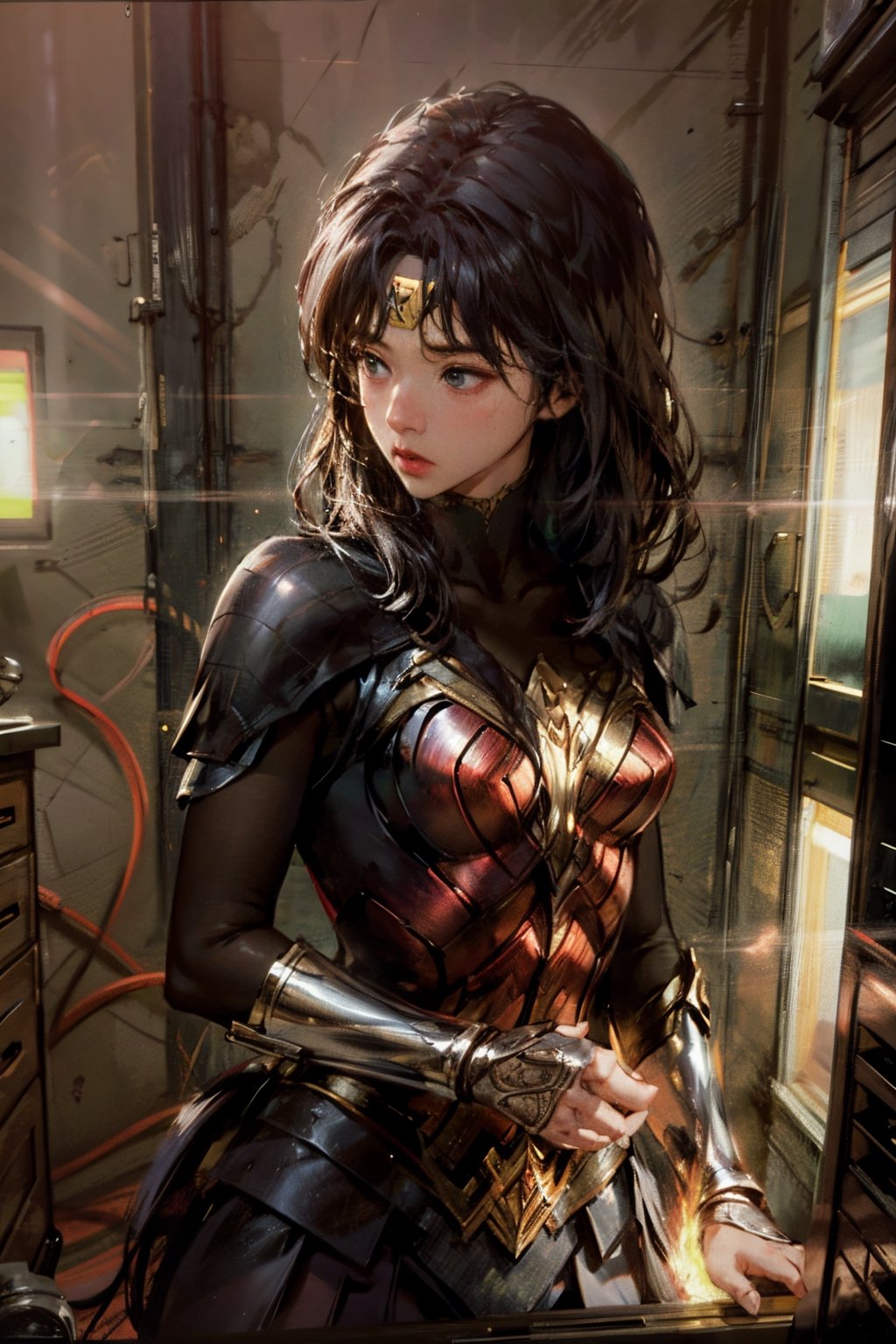 5 girls in basement safe room BREAK fires everywhere, computers on fire BREAK  (masterpiece, best quality, ultra-detailed, 8K, realistic:1.2, intricate:1.2, rule of thirds), cinematic lighting, night, (dark environment),wonder_woman,koh-yunjung