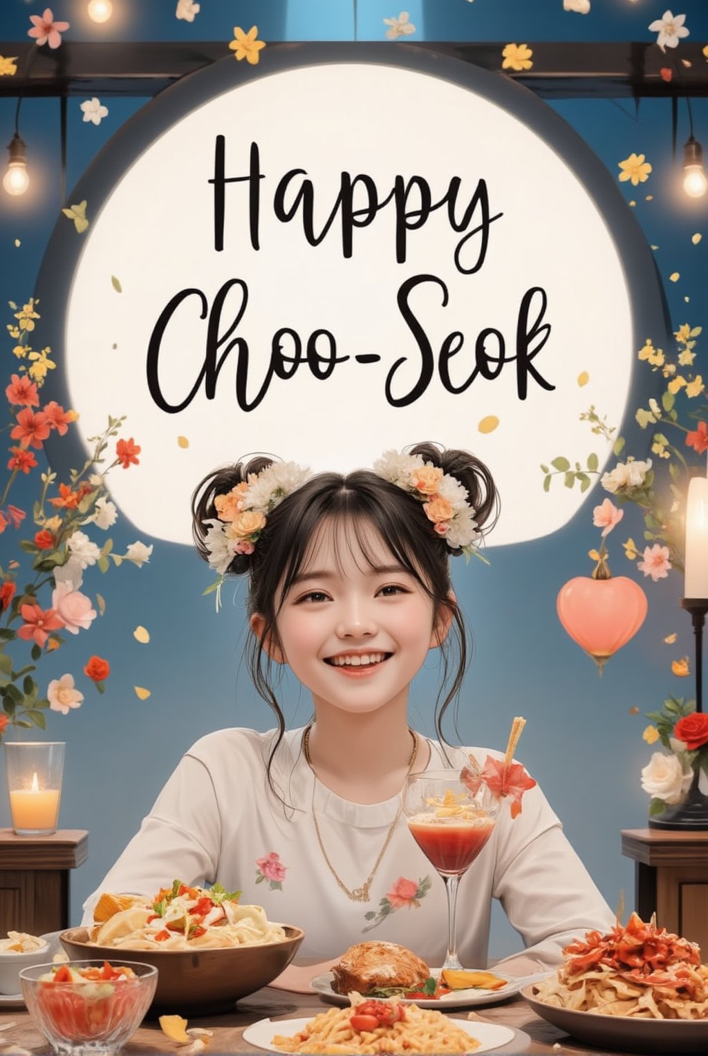 An anime of a cute girl saying "Happy Choo-Seok" in a big word bubble.big smile.delicious food on the table,full moon,beauy_ks01,disney-pixar style,ek_an1_b00ster