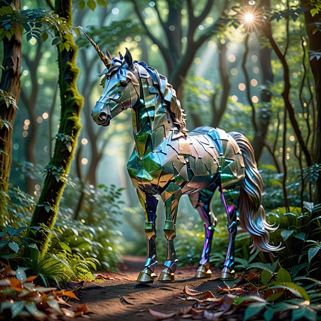 A majestic unicorn strolling on a moonlit forest path, its iridescent mane shimmering in the soft glow, surrounded by lush foliage and dappled shadows.