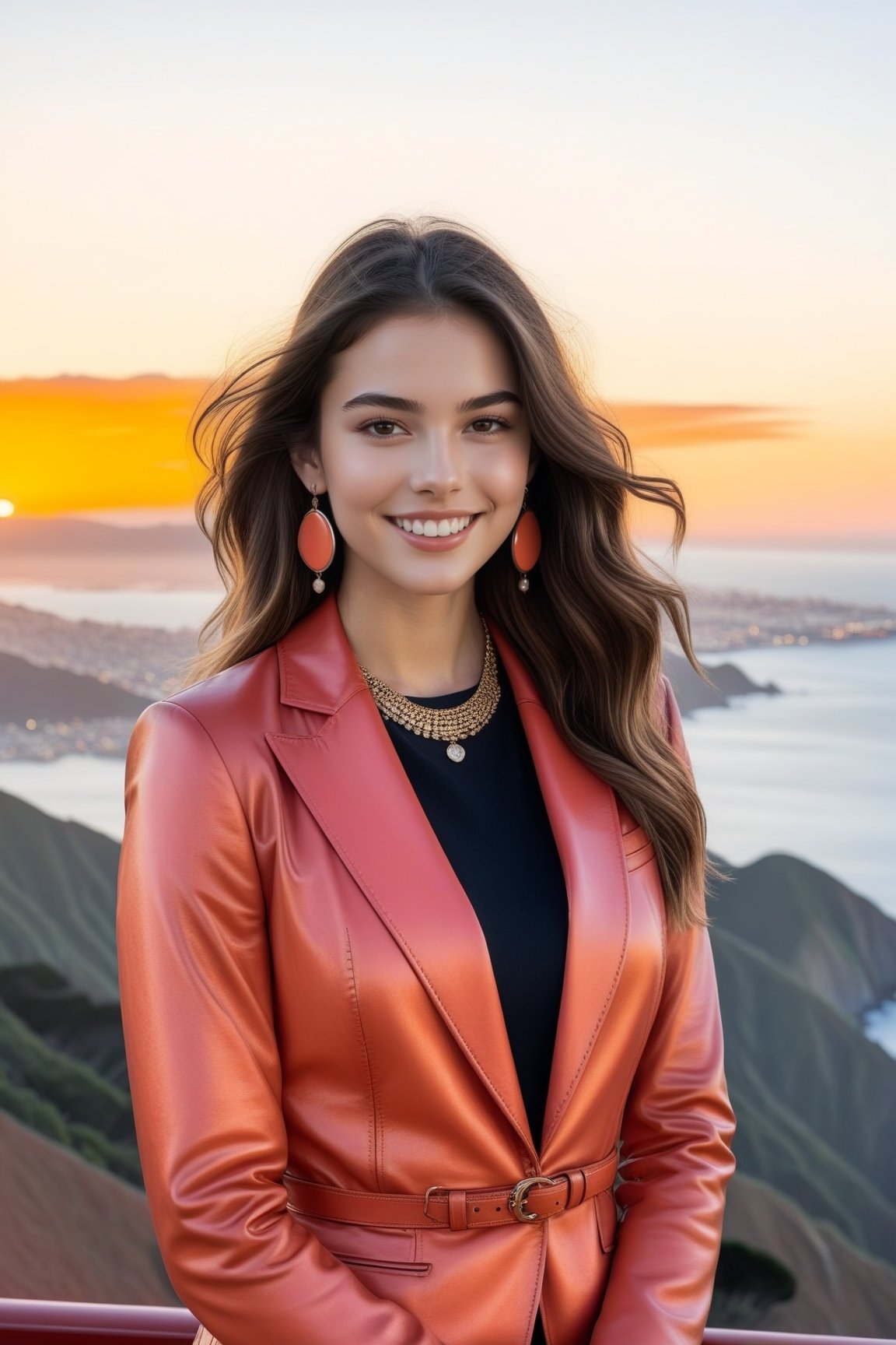 Hyper-Realistic photo of a french girl,20yo,1girl,perfect female form,perfect body proportion,perfect anatomy,coral color,elegant jacket,detailed exquisite face,soft shiny skin,smile,mesmerizing,long hair,small earrings,necklaces,prada bag
BREAK
(backdrop of vista point of Golden Gate Bridge in San Francisco,sunset),(fullbody:1.2)
BREAK
(rule of thirds:1.3),perfect composition,studio photo,trending on artstation,(Masterpiece,Best quality,32k,UHD:1.5),(sharp focus,high contrast,HDR,hyper-detailed,intricate details,ultra-realistic,award-winning photo,ultra-clear,kodachrome vintage:1.3),(chiaroscuro lighting,soft rim lighting:1.2),by Karol Bak,Gustav Klimt and Hayao Miyazaki,real_booster, photo_b00ster,ani_booster,art_booster