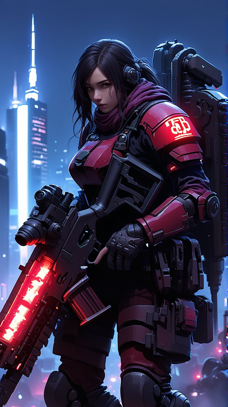 a girl in armor suit \(ek_g4k\),holding rifle,warhammer 4K style,ek_game_3ffect,dynamic pose,simple background,blurry futuristic city background,smoke,dynamic angle,anime style by ghibli,detailed,ek_ph0t0_b00ster,ek_an1_b00ster,at night,dark