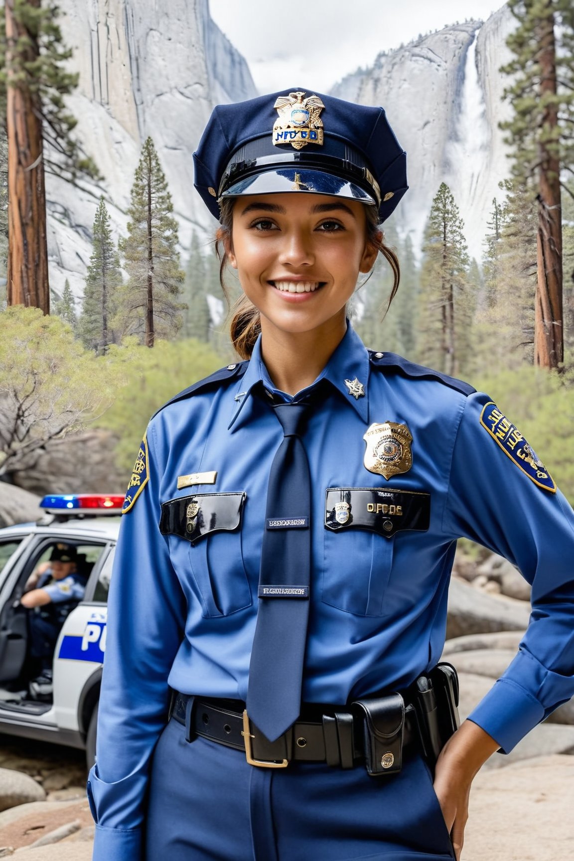 Hyper-Realistic close-up photo of a beautiful NYPD police officer in Yosemite national park,20yo,1girl,solo,NYPD police uniform,cap,detailed exquisite face,soft shiny skin,smile,sunglasses,looking at viewer,Jessica Alba lookalike,cap,fullbody:1.3
BREAK
backdrop:yva11ey1,river,lake,reflection \(on lake\),rock,mountain,forest,police car,(girl focus:1.3),cluttered maximalism
BREAK
settings: (rule of thirds1.3),perfect composition,studio photo,trending on artstation,depth of perspective,(Masterpiece,Best quality,32k,UHD:1.4),(sharp focus,high contrast,HDR,hyper-detailed,intricate details,ultra-realistic,kodachrome 800:1.3),(cinematic lighting:1.3),(by Karol Bak$,Alessandro Pautasso$,Gustav Klimt$ and Hayao Miyazaki$:1.3),art_booster,photo_b00ster, real_booster