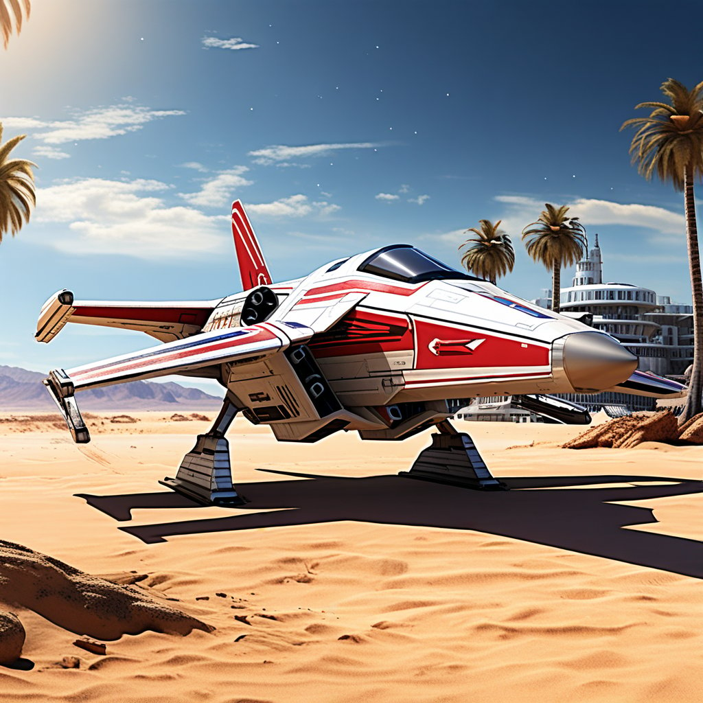 A realistic photo of starship x-wing starfighter in Star Wars universe,red striped body,parked on ground with ((stands)) on desert,wings folded,laser cannons at each wing tip,engines located at wing root,
backdrop:desert,sand,palm tree,,sky,cloud,cityscrapes,front left view,R2 D2 walking around next to the ship,
ek_starsh1p,ek_xw1ng,ek_xwf1,realistic,detailed,sleek shiny aircraft