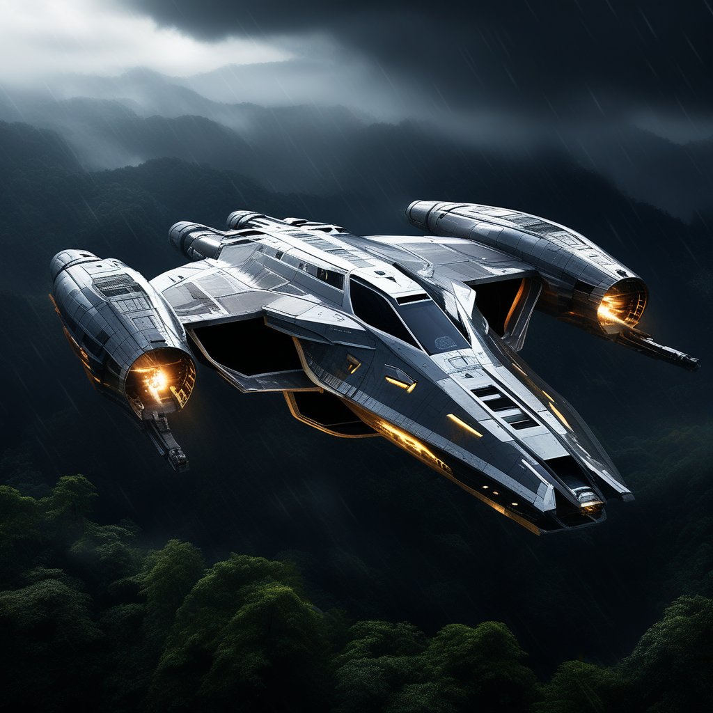 A realistic photo of starship, razor crest \(star wars\),flying over a rain forest at night,rainy,lightning, wings on top,big jet engine on wing tip,canopy on head nose top,,blunt front nose,cannon on head side,front left view,ek_starsh1p,ek_raz0r_cre5t,ek_rcfr0nt_left