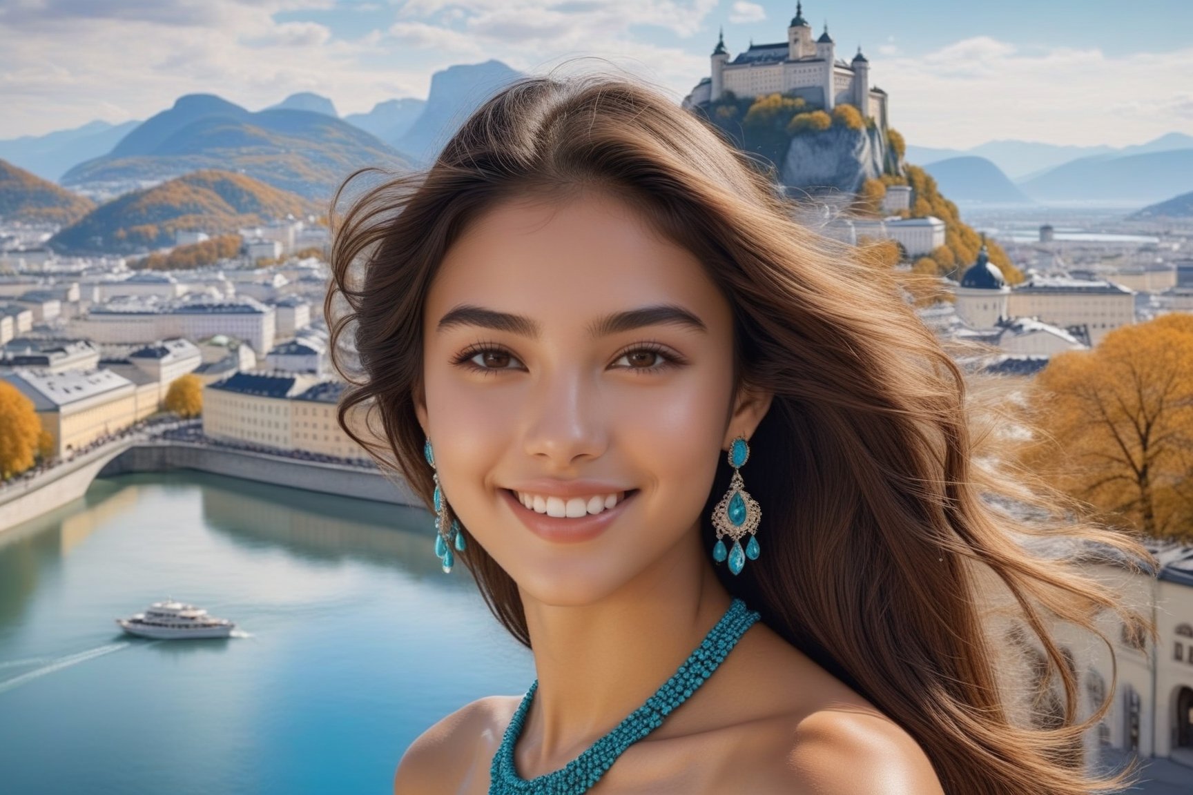 Hyper-Realistic photo of a brazilian girl,20yo,1girl,perfect female form,perfect body proportion,perfect anatomy,cyan color,elegant dress,detailed exquisite face,soft shiny skin,smile,mesmerizing,disheveled long hair,small earrings,necklaces
BREAK
(backdrop of a the iron fortress built in 1077. It is the largest castle in Europe, located in the highest part of Salzburg's old town. Thanks to its sturdy construction, it has never been invaded, so you can see the Hohensalzburg Fortress in its original form:1.2),(fullbody:1.2),(highheels:1.2),girl focus
BREAK
(rule of thirds:1.3),perfect composition,studio photo,trending on artstation,(Masterpiece,Best quality,32k,UHD:1.5),(sharp focus,high contrast,HDR,hyper-detailed,intricate details,ultra-realistic,award-winning photo,ultra-clear,kodachrome 800:1.3),(chiaroscuro lighting,soft rim lighting:1.2),by Karol Bak,Gustav Klimt and Hayao Miyazaki,real_booster, photo_b00ster,ani_booster,art_booster