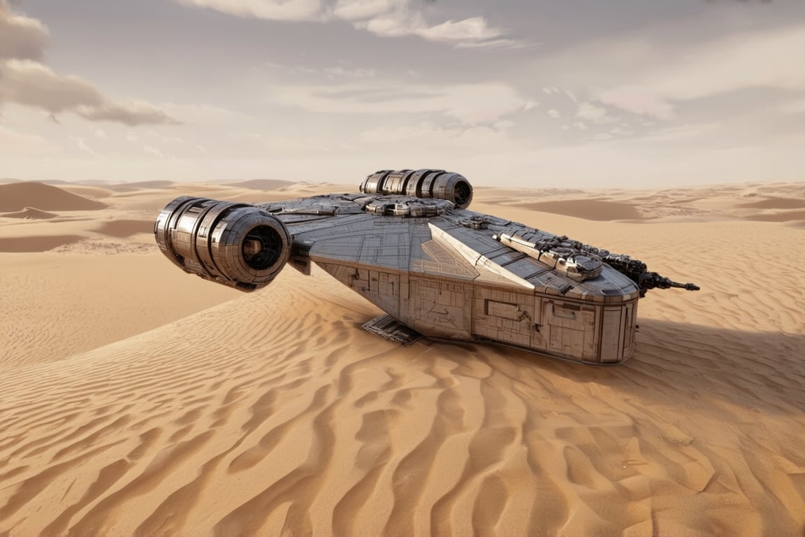 A starship razor crest \(star wars\) landed on desert,

backdrop:desert,sand,sky,cloud,cityscape far away,

realistic,detailed,sharp focus,high contrast, ek_raz0r_cre5t,ek_rcfr0nt_left