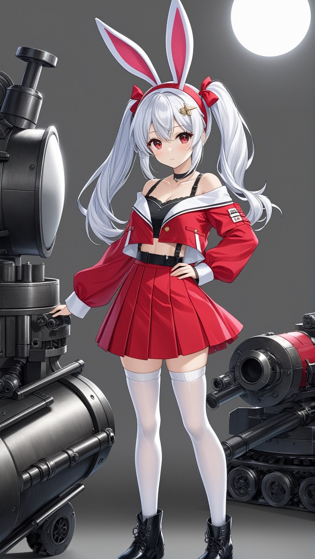 Hyper-Detailed Anime of Laffey \(Azur Lane\), 1girl, solo, long hair, looking at viewer, bangs, skirt, hair ornament, red eyes, thighhighs, long sleeves, animal ears, twintails, collarbone, jacket, full body, white hair, pleated skirt, hairband, boots, grey background, off shoulder, rabbit ears, white thighhighs, zettai ryouiki, red skirt, thigh boots, strap slip, camisole, machinery, turret, cannon, red hairband, pink jacket, searchlight,simple background,cluttered maximalism
BREAK
(rule of thirds:1.3),(thick drawing lines:1.2),perfect composition,studio photo,trending on artstation,(Masterpiece,Best quality,32k,UHD,sharp focus,high contrast,HDR,hyper-detailed,intricate details,ultra-clear:1.3),(cinematic lighting),photo_b00ster, real_booster,art_booster,ani_booster