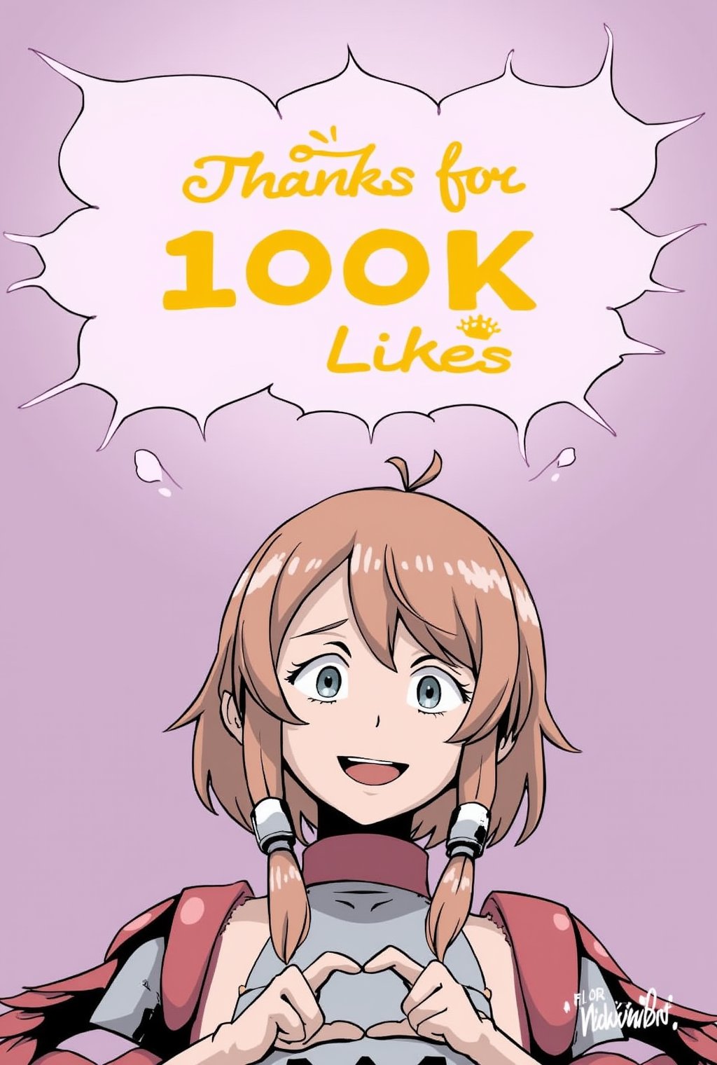 Anime of a happy cute cyborg girl,making hand heart,big smile,looking at viewer,by ghibli,big word bubble with bold font on top saying "Thanks for 100K Likes ❤️",ek_an1_b00ster,flux_makima