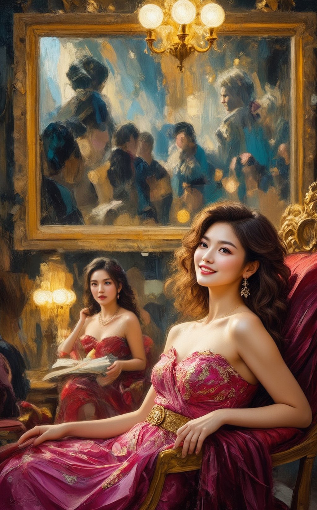 An abstract painting capturing the tragic irony of a beautiful young woman in a totalitarian regime, blissfully unaware of her own oppression. The central figure is a vibrant, elegantly dressed woman with a radiant smile, her face glowing with an almost artificial joy. She lounges in a luxurious setting, surrounded by symbols of wealth—jewels, fine clothes, and lavish decor—yet there’s a hollow, detached quality to her expression. The scene is painted in rich, vivid colors—gold, bright pinks, and shimmering whites—creating a sharp contrast to the underlying dark truth of her existence. In the background, faceless figures—citizens of the regime—are depicted in shadowy hues of grey and black, representing those who suffer in silence. The woman is surrounded by screens or mirrors reflecting distorted images of reality, as the regime feeds her false narratives and propaganda, preventing her from seeing the truth. Despite her outward appearance of happiness, subtle cracks form in her surroundings, suggesting the fragility of the illusion she lives in. Faint, ghostly faces of the oppressed emerge from the shadows, invisible to her, symbolizing the hidden suffering she is blind to. The overall scene is a tragic parody of human existence under totalitarian control, where ignorance is bliss, and beauty is nothing more than a facade masking a deeper, unacknowledged despair.
BREAK
detailed,sharp focus,high contrast,rule of thirds,depth of perspective,award-winning photo,chiaroscuro lighting,ek_g1rl_02,ek_art_b00ster