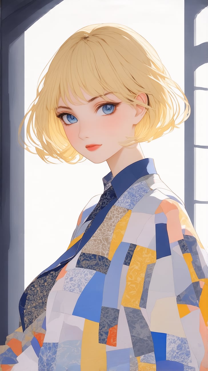 ((Anime Style)) of A sophisticated fashion model girl,short blonde hair,dynamic character,20yo,detailed exquisite face,parody,(patchwork art:1.3),

complex background,dynamic light and shadow,bold high quality,high contrast,Upperbody, vibrant colors,looking at viewer,by the style of Makoto Shinkai's artwork,
ek_ptch_art,ek_ani_b00ster,ek_art_b00ster,