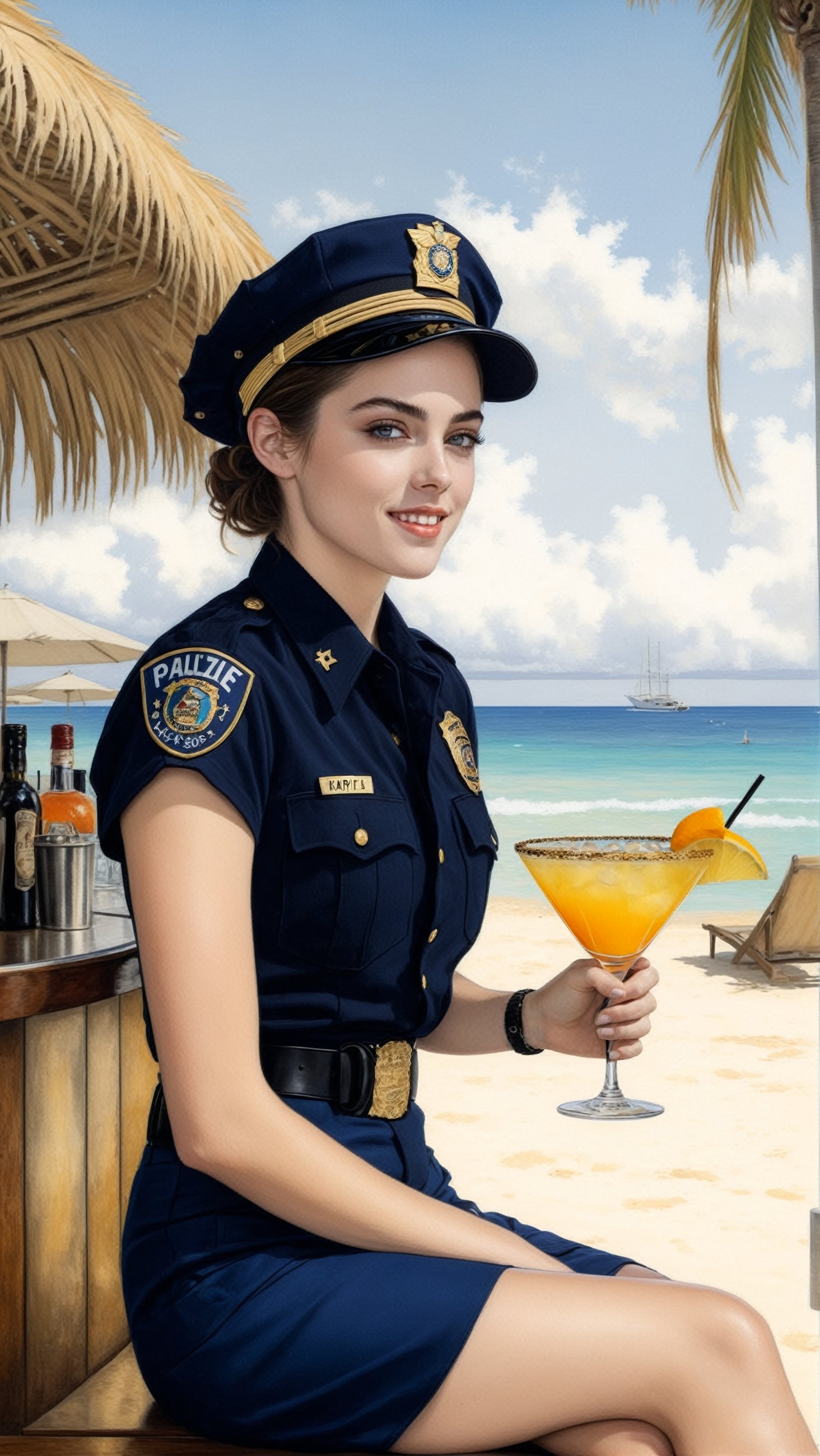 Hyper-Realistic photo of a beautiful LAPD police officer sitting in a cocktail bar on a beach,20yo,1girl,solo,LAPD police uniform,cap,detailed exquisite face,soft shiny skin,smile,looking at viewer,Kristen Stewart lookalike,cap,sunglasses,fullbody:1.3
BREAK
backdrop:cocktail bar,table,cocktail,beach,sky,boat,[cluttered maximalism]
BREAK
settings: (rule of thirds1.3),perfect composition,studio photo,trending on artstation,depth of perspective,(Masterpiece,Best quality,32k,UHD:1.4),(sharp focus,high contrast,HDR,hyper-detailed,intricate details,ultra-realistic,kodachrome 800:1.3),(cinematic lighting:1.3),(by Karol Bak$,Alessandro Pautasso$,Gustav Klimt$ and Hayao Miyazaki$:1.3),art_booster,photo_b00ster, real_booster