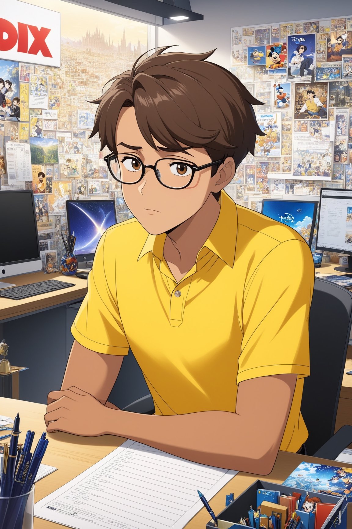 Highly detailed anime of a young businessman sitting in front of a computer in his office,looking very sleepy,short brown hair,brown skin,wearing glasses,wearing a yellow shirt,backdrop of busy office,cluttered maximalism,(Disney Pixar-style:1.3),white post sign with test saying "Too Busy"
BREAK 
(anime vibes:1.3),rule of thirds,studio photo,(masterpiece,best quality,trending on artstation,8K,Hyper-detailed,intricate details,ink and pen),cinematic lighting,by Karol Bak,Antonio López,Gustav Klimt and Hayao Miyazaki,ani_booster,real_booster,art_booster