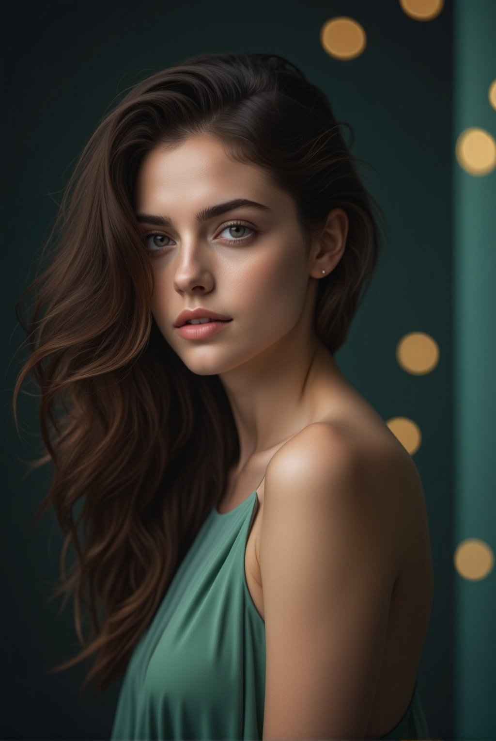 hyper-realistic closeup model portrait,greek woman,backless dress,studio portrait,dramatic,cinematic light,hdr,exquisite face,natural skin,perfectly centered,bokeh,painterly,hyper photorealistic professional photoshoot,round chin no dimple, [Rose Gold,Deep Navy, and Mint Green colors], ek_g1rl_02,beauy_ks01,ek_ph0t0_b00ster,ek_art_b00ster