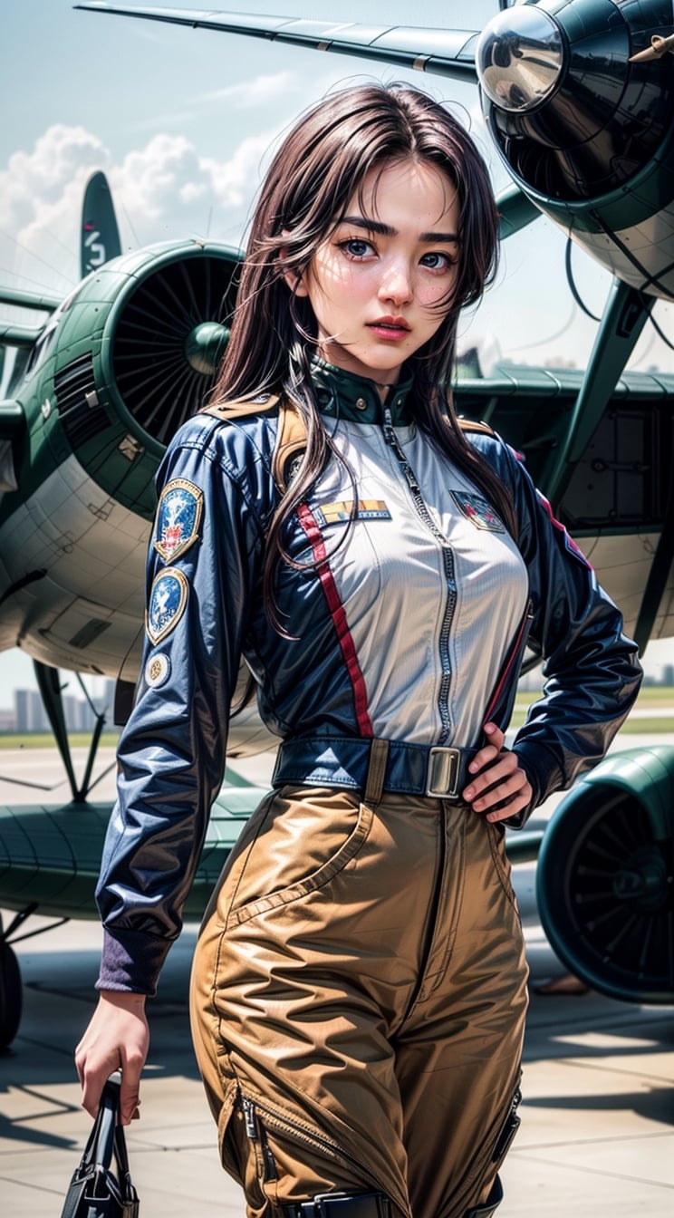 (masterpiece,best quality,ultra-detailed,8K,intricate, realistic,cinematic lighting),Generate AI art featuring a group of skilled and stylish female aviators in intricately detailed flight uniforms. 23yo,small face,Picture them standing by a vintage aircraft on a runway, exuding confidence and camaraderie. Emphasize the precision of their aviation attire, capturing the insignias, patches, and the distinctive details of their uniforms. Utilize a combination of vibrant colors and realistic detailing to bring to life the essence of female empowerment and teamwork in the world of aviation.kimtaeri