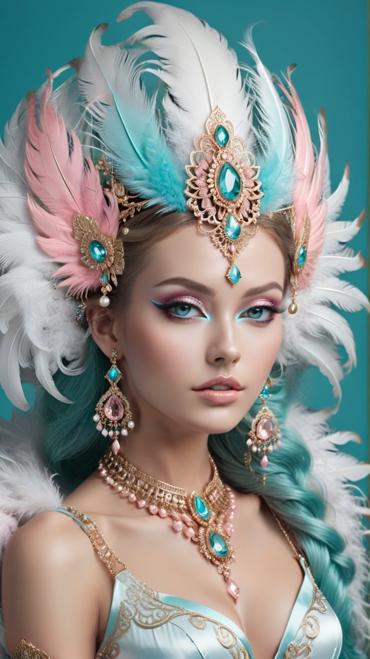 A gorgeous woman,detailed exquisite symmetric face,make up,foxy eyes,soft shiny skin,studio photo,majestic,opulent,filigree jewelleries and [fluffy feathers],pink white gold cyan colors,untra-detailed,magic,epic,fantasy,barok,(full body sideview:1.2)