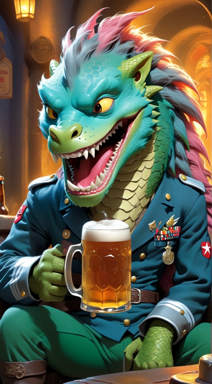 Cartoon: a funny-looking dragon man with a bad tooth, wearing military uniform, holding a big mug of beer, looking around,a cute adorable Kristen Stewart-lookalike princess sitting next,highly detailed,vibrant colors,trending on artstation,digital artwork by Hayao Miyazaki and Stephen Hillenburg,niji5