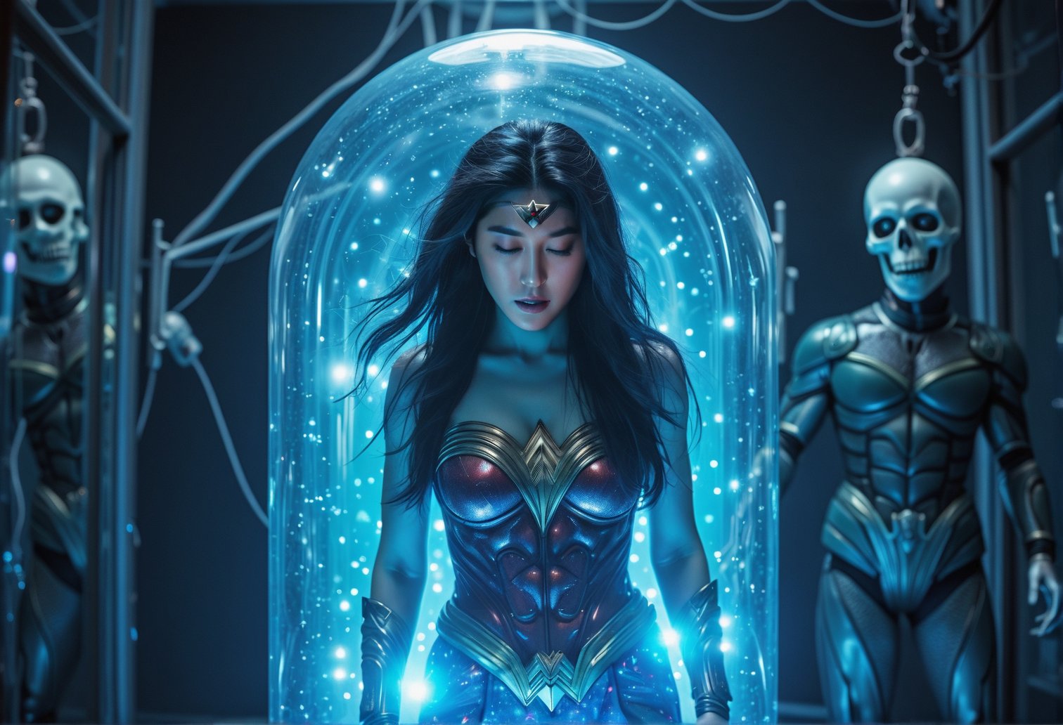 Seolhyun trapped in a futuristic gene-modifying capsule full of blue liquid, wearing wonder woman costume. (closed eyes and sleeping),electromagnetic waves coursing through the air, her face twisted in pain. The capsule is glowing with energy, and cables are attached all around. In the background, Gilmarmalus, the skull face monster king stands with a sinister smile, observing the transformation.realistic,detailed,masterpiece,best quality,sharp focus,high contrast,rule of thirds,depth of perspective,trending on artstation,chiaroscuro lighting,photo_b00ster,seolhyun