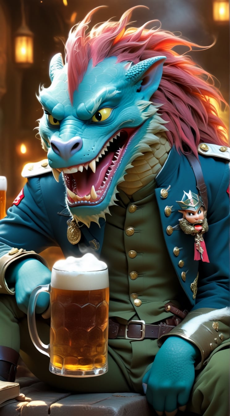 A funny-looking dragon man with a bad tooth, wearing military uniform, holding a big mug of beer, looking around,a cute adorable Kristen Stewart-lookalike princess sitting next,highly detailed,vibrant colors,animation style,trending on artstation,digital artwork by Hayao Miyazaki and Stephen Hillenburg,niji5