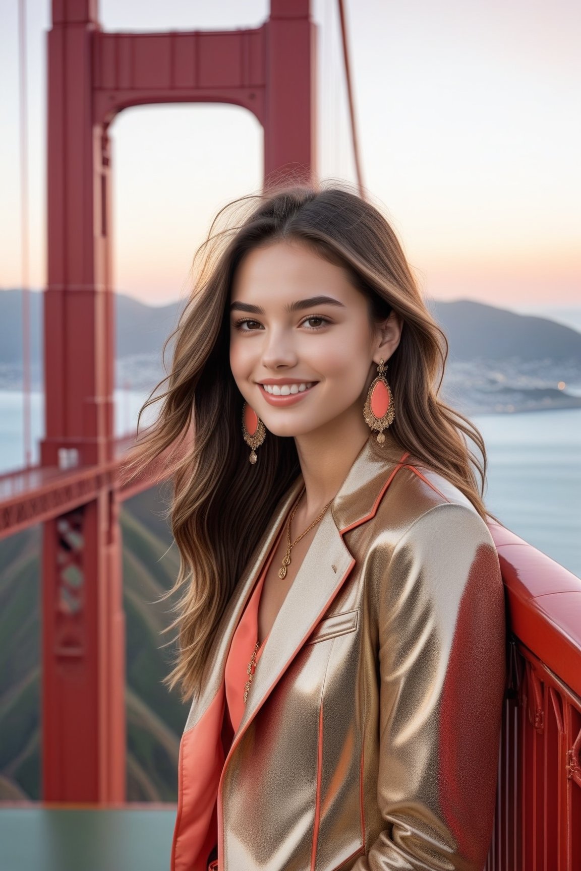 Hyper-Realistic photo of a french girl,20yo,1girl,perfect female form,perfect body proportion,perfect anatomy,coral color,elegant jacket,detailed exquisite face,soft shiny skin,smile,mesmerizing,long hair,small earrings,necklaces,prada bag
BREAK
(backdrop of vista point of Golden Gate Bridge in San Francisco),(fullbody:1.2)
BREAK
(rule of thirds:1.3),perfect composition,studio photo,trending on artstation,(Masterpiece,Best quality,32k,UHD:1.5),(sharp focus,high contrast,HDR,hyper-detailed,intricate details,ultra-realistic,award-winning photo,ultra-clear,kodachrome vintage:1.3),(chiaroscuro lighting,soft rim lighting:1.2),by Karol Bak,Gustav Klimt and Hayao Miyazaki,real_booster, photo_b00ster,ani_booster,art_booster