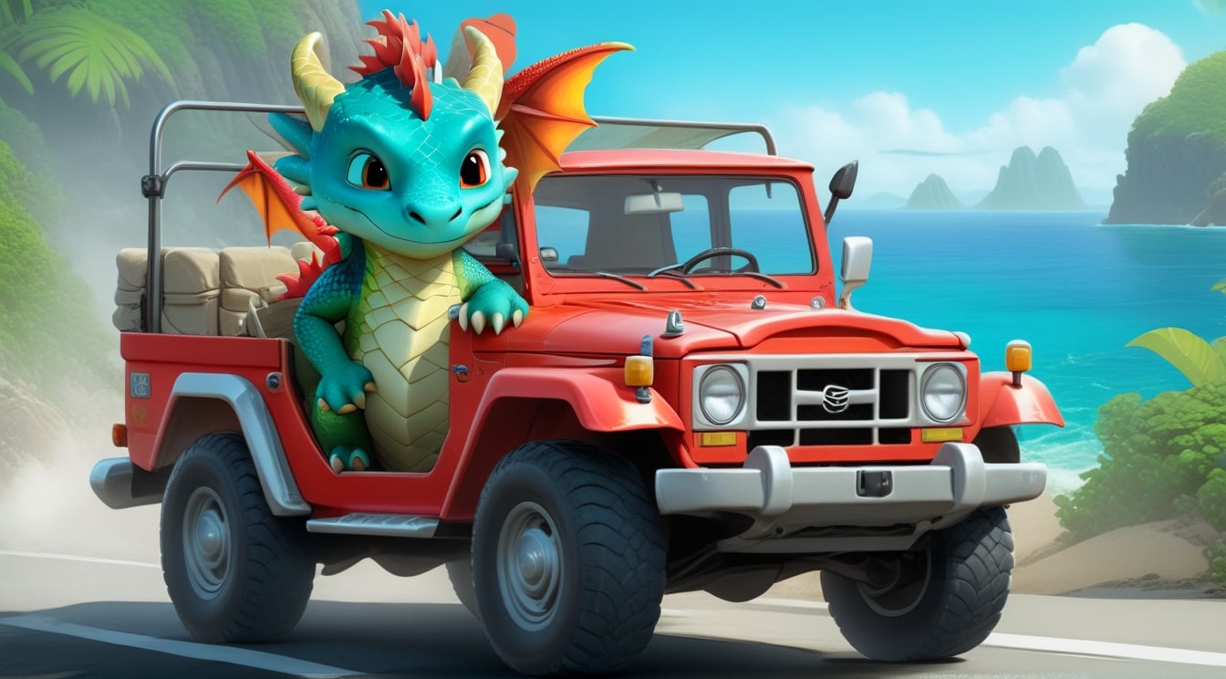 a cute dragon boy,driving a cute land cruiser on a highway,wearing goggles,ocean backdrop,highly detailed,cinematic lighting,rule of thirds,depth of perspective,trending on artstation,wide shot,dragon_h,art_booster,real_booster