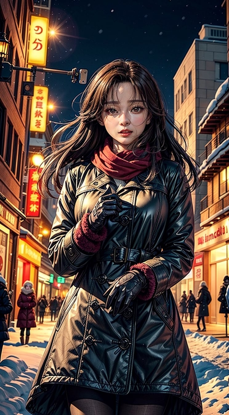 (masterpiece,best quality,ultra-detailed,8K,intricate, realistic,cinematic lighting),Generate AI art showcasing an elegant woman in a vibrant and chic winter ensemble. Envision her in a tasteful yet colorful winter coat, complemented by stylish accessories like a scarf and gloves. Capture the essence of a winter scene, with snowflakes gently falling around her. Utilize a rich and lively color palette, celebrating the seasonal vibrancy while maintaining the sophistication of her winter attire. Craft an image that encapsulates both the grace of winter fashion and the captivating charm of an elegantly dressed woman in the snow.kwon-nara