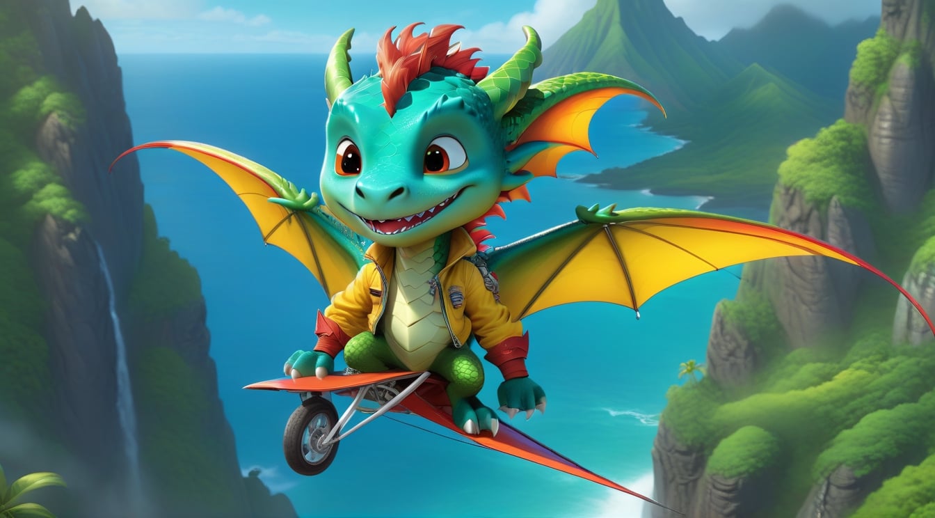 Cartoon: a cute dragon boy,flying in a hang glider,mustard-yellow biker jacket,Hawaii  backdrop,highly detailed,ultra-realistic,sharp focus,cinematic lighting,rule of thirds,depth of perspective,trending on artstation,(fullbody wide sideshot:1.3),animation style,dragon_h,art_booster