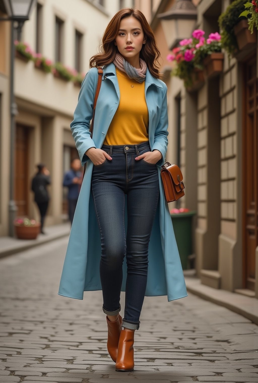 A stunning 20-year-old Korean girl with a chic, contemporary style, strolling along a cobblestone street in a quaint European village. Her auburn hair is styled in loose waves that cascade over her shoulders, highlighting her warm brown eyes and soft, radiant complexion.
She wears a fitted, baby blue trench coat cinched at the waist, over a yellow-colored turtleneck sweater, paired with ankle-length, dark denim jeans that flatter her figure. On her feet, she wears classic, tan leather ankle boots, and a delicate scarf in shades of blush pink and gray drapes around her neck. A vintage-inspired leather satchel hangs from her shoulder, adding a touch of rustic charm. Her expression is thoughtful yet serene, capturing a moment of quiet elegance as she enjoys a leisurely walk, surrounded by charming old-world architecture and flower-filled window boxes. realistic,detailed,sharp focus,high contrast,trending on artstation,rule of thirds,depth of perspective,chiaroscuro lighting.ek_ph0t0_b00ster,jisosmile