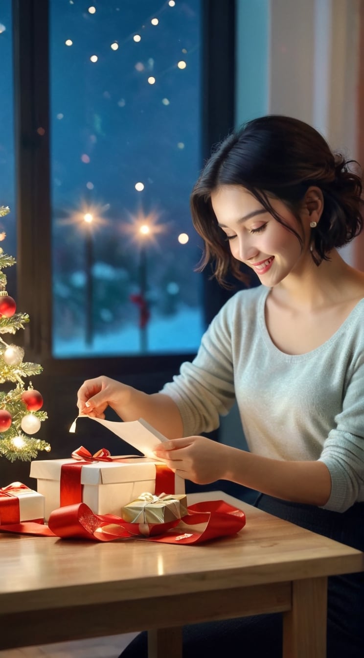 Generate an image of a happy Christmas scene: On a snowy Christmas morning, a beautiful woman is preparing Christmas gifts in her cozy home studio. With delicate fingertips, she carefully wraps the gifts, and within the serene atmosphere of various Christmas decorations, the warm white lights cast a gentle glow.

The gift boxes are adorned with festive Christmas wrapping paper and elegantly tied with luxurious ribbons. The woman adds a special message to each gift, paying attention to small details to make the moment of giving even more special.

Sunlight gently streams into the room, illuminating the Christmas tree and sparkling Christmas stars, creating a festive ambiance. As the woman thoughtfully prepares the gifts, her intention to share the joy and warmth of Christmas is palpable. BREAK

(masterpiece,best quality,ultra-detailed,8K,intricate, realistic:1.3),(full body, wide shot:1.3),smile,black bob_cut, beautiful but modest clothing,earrings,jewelry, shiny skin, detailed exquisite face,rembrandt lighting,1 girl,Color Booster, leonardo,style,cyberpunk style,greg rutkowski,cyberpunk,kimtaeri-xl