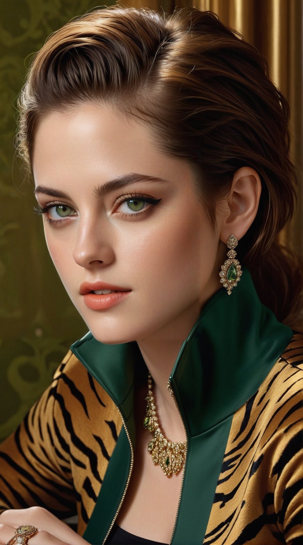 ((Hyper-realistic)) half body portrait of a beautiful woman sitting in a luxury cafe,alluring neighbor's wife,23yo,(Kristen Stewart),body model portrait,clear facial features,perfect body,perfect in every way,playful smirks,seductive eyes,detailed soft shiny skin,detailed exquisite eyes,detailed hair,elegant jacket on (turtleneck) shirt,detailed textures and reflection on clothes,jewelry,(Persian Orange, Tiger Eye, Olive Green color),rule of thirds,chiaroscuro lighting,soft rim lighting,key light reflecting in the eyes,highly detailed complex backdrop,by Antonio López,Canaletto and David Parrish,art_booster