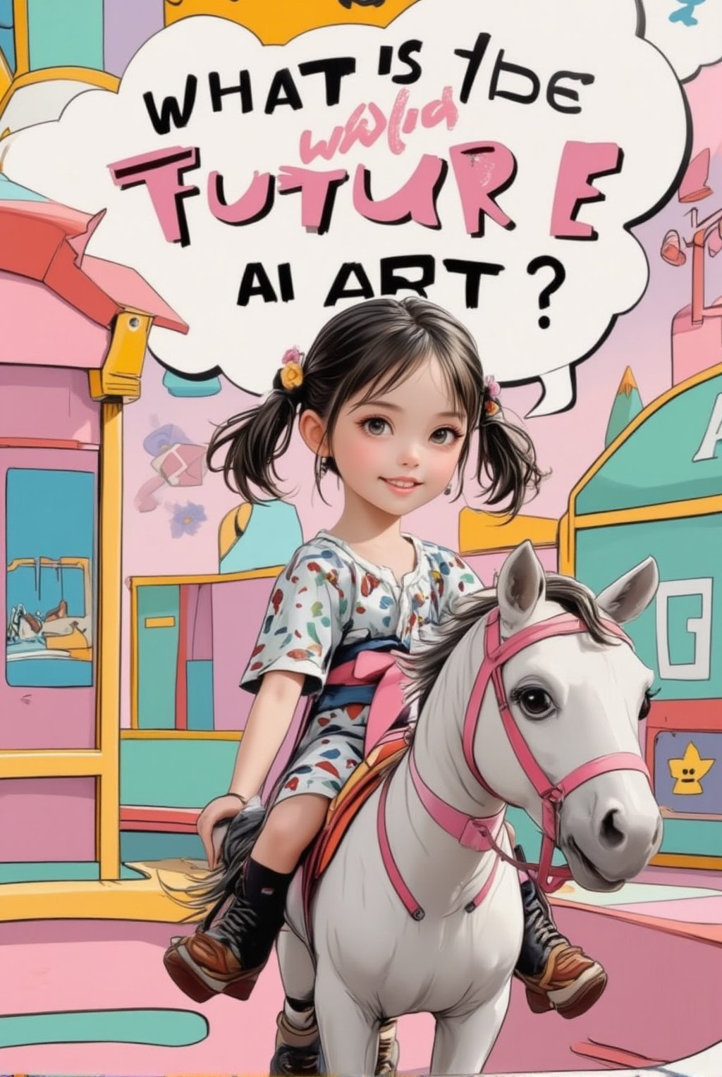 An anime of a cute girl saying "What is the future of AI Art?" in a big word bubble.big smile.riding a toy horse in a playground,beauy_ks01,anime style,ek_an1_b00ster,acryli painting,ILLUSTRANIME