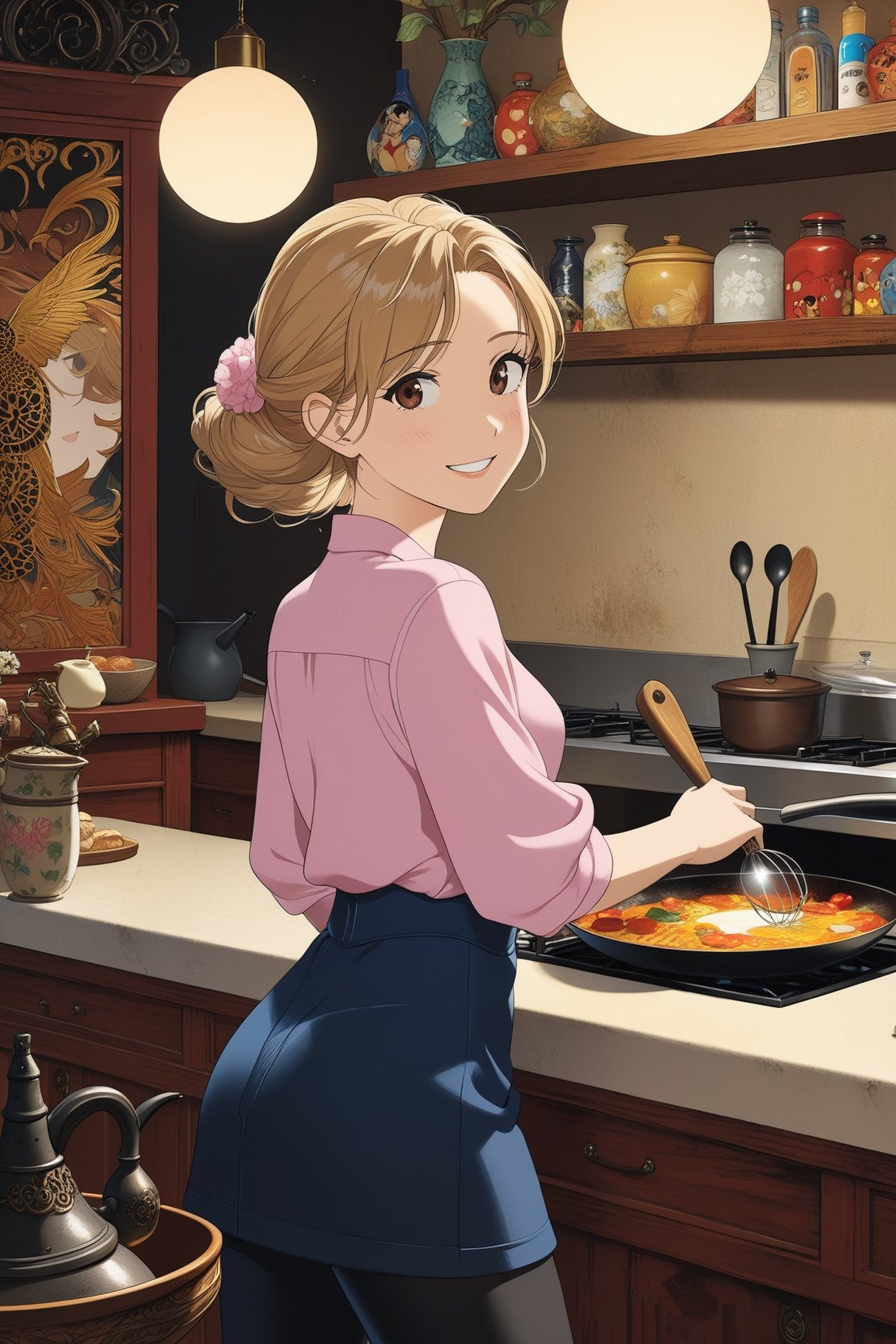 Highly detailed anime of a beautiful girl cooking in kitchen,20yo,1 girl,Big smile,short brown hair,[dark] brown skin,wearing a pink shirt and black leggings
BREAK
[backdrop of kitchen and livingroom,TV,sofa,1boy,cluttered maximalism],(girl focus)
BREAK 
(anime vibes:1.3),(Disney Pixar-style:1.3),rule of thirds,studio photo,(masterpiece,best quality,trending on artstation,8K,Hyper-detailed,intricate details),cinematic lighting,by Karol Bak,Gustav Klimt and Hayao Miyazaki,ani_booster,real_booster,art_booster