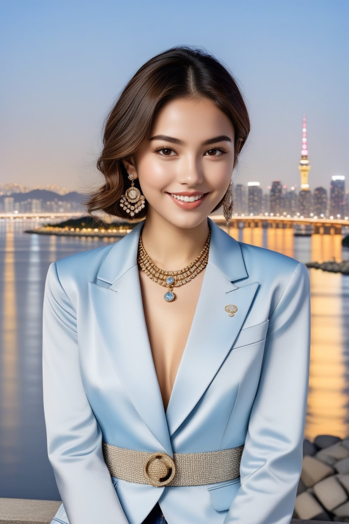 Hyper-Realistic photo of a brazilian girl,20yo,1girl,perfect female form,perfect body proportion,perfect anatomy,baby blue color,elegant jacket,detailed exquisite face,soft shiny skin,smile,mesmerizing, bobcut,small earrings,necklaces,chanel bag
BREAK
(backdrop of a beautiful night scene of Han River in Seoul,Korea,bridge,buildings with lights,Han River,mountain,Namsan Tower),(fullbody:1.2),(heels:1.2)
BREAK
(rule of thirds:1.3),perfect composition,studio photo,trending on artstation,(Masterpiece,Best quality,32k,UHD:1.4),(sharp focus,high contrast,HDR,hyper-detailed,intricate details,ultra-realistic,award-winning photo,ultra-clear,kodachrome vintage:1.25),(chiaroscuro lighting,soft rim lighting:1.15),by Karol Bak,Antonio Lopez,Gustav Klimt and Hayao Miyazaki,photo_b00ster,real_booster,art_booster