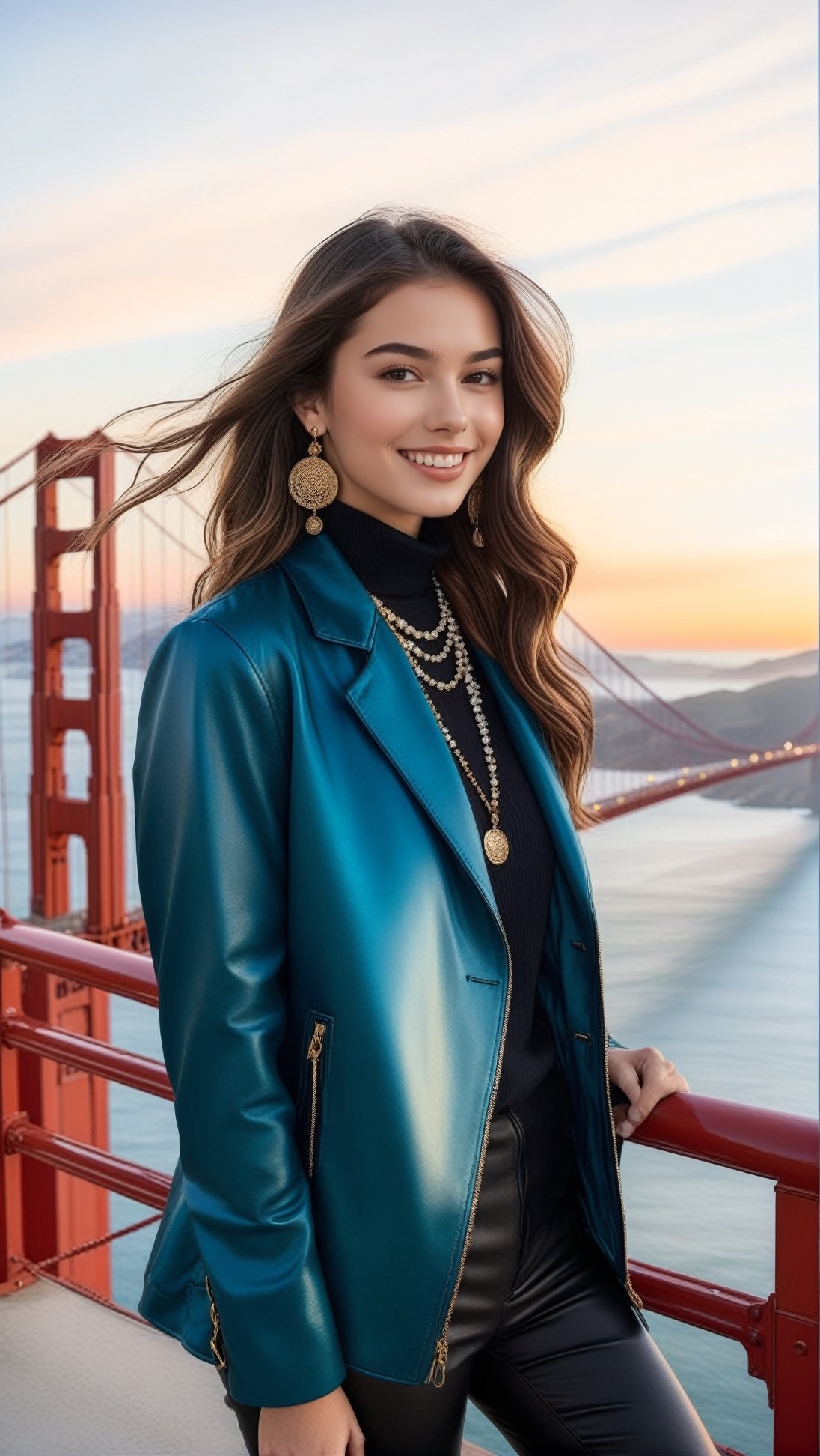 Hyper-Realistic photo of a french girl,20yo,1girl,perfect female form,perfect body proportion,perfect anatomy,aqua color,elegant jacket,detailed exquisite face,soft shiny skin,smile,mesmerizing,long hair,small earrings,necklaces,prada bag
BREAK
(backdrop of vista point of Golden Gate Bridge in San Francisco,sunset),(fullbody:1.2)
BREAK
(rule of thirds:1.3),perfect composition,studio photo,trending on artstation,(Masterpiece,Best quality,32k,UHD:1.5),(sharp focus,high contrast,HDR,hyper-detailed,intricate details,ultra-realistic,award-winning photo,ultra-clear,kodachrome vintage:1.3),(chiaroscuro lighting,soft rim lighting:1.2),by Karol Bak,Gustav Klimt and Hayao Miyazaki,real_booster, photo_b00ster,ani_booster,art_booster