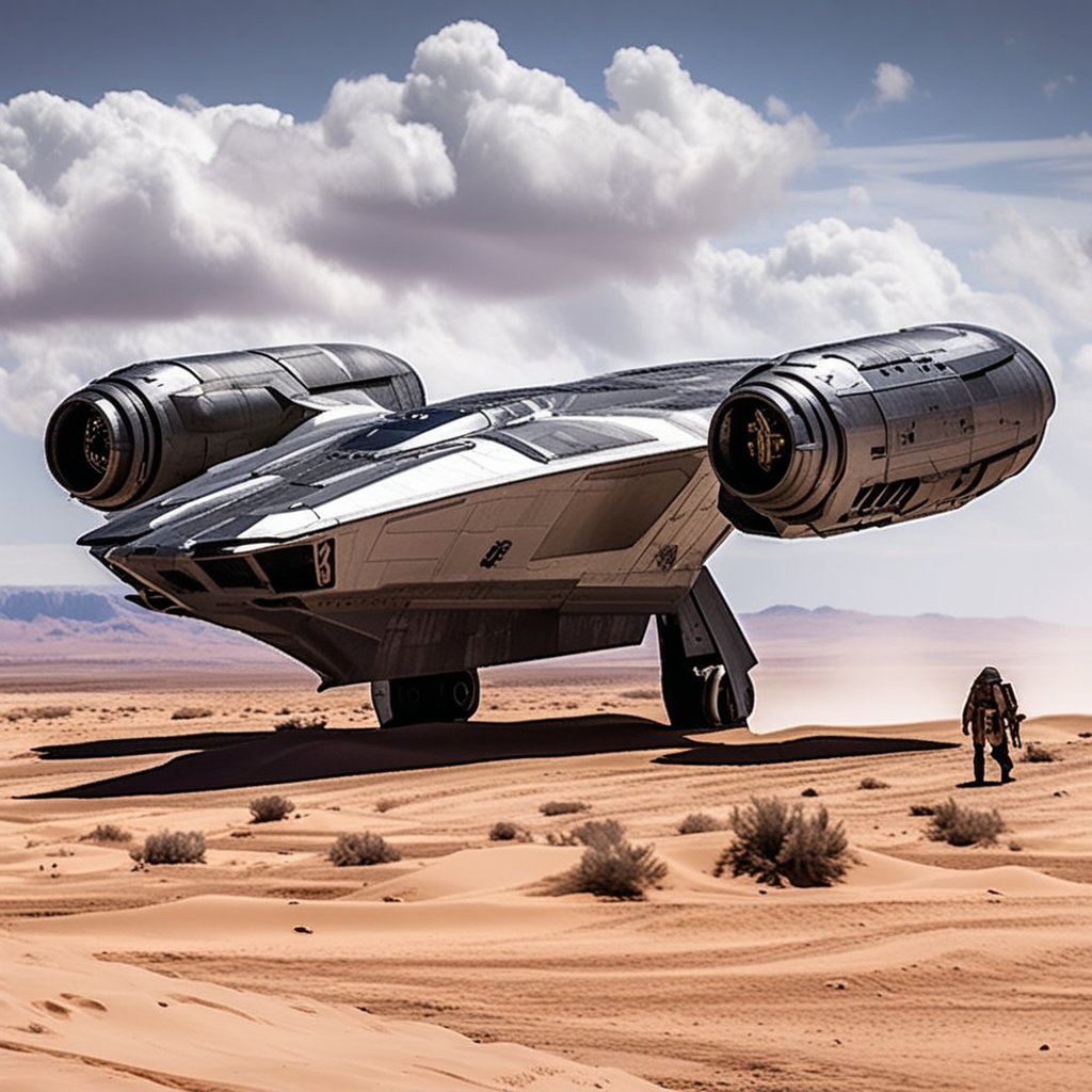 A starship razor crest \(star wars\) landing on desert,thrusts from the jet engine,parked on ground,side door open,ramp from the door,mandalorian walking out of the ship,sand,sky,cloud,realistic,detailed,sharp focus,high contrast,ek_raz0r_cre5t,ek_rcfr0nt_right