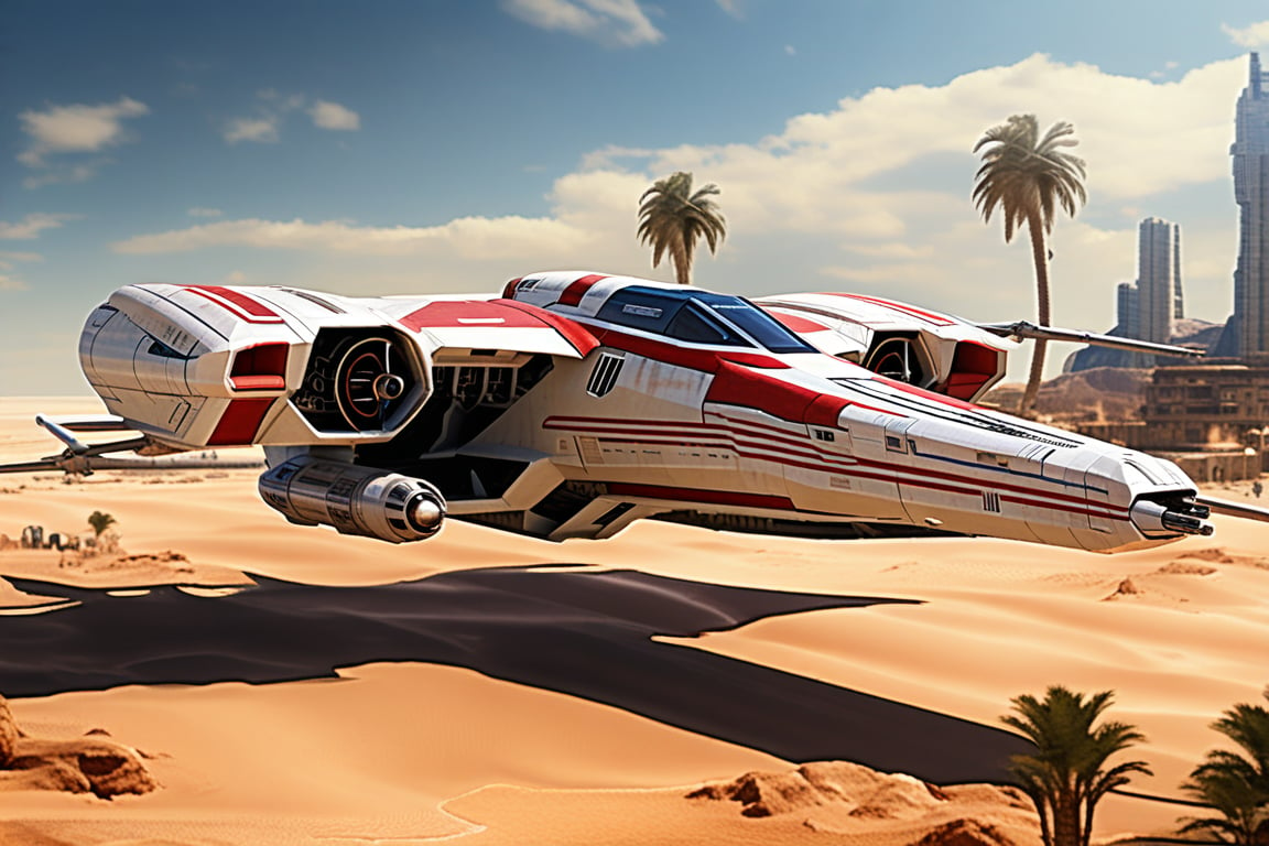 A realistic photo of starship x-wing starfighter in Star Wars universe,red striped body,parked on ground with ((stands)) on desert,wings folded,laser cannons at each wing tip,engines located at wing root, backdrop:desert,sand,palm tree,,sky,cloud,cityscrapes,front left view,R2 D2 walking around next to the ship, ek_starsh1p,ek_xw1ng,ek_xwf1,realistic,detailed,sleek shiny aircraft