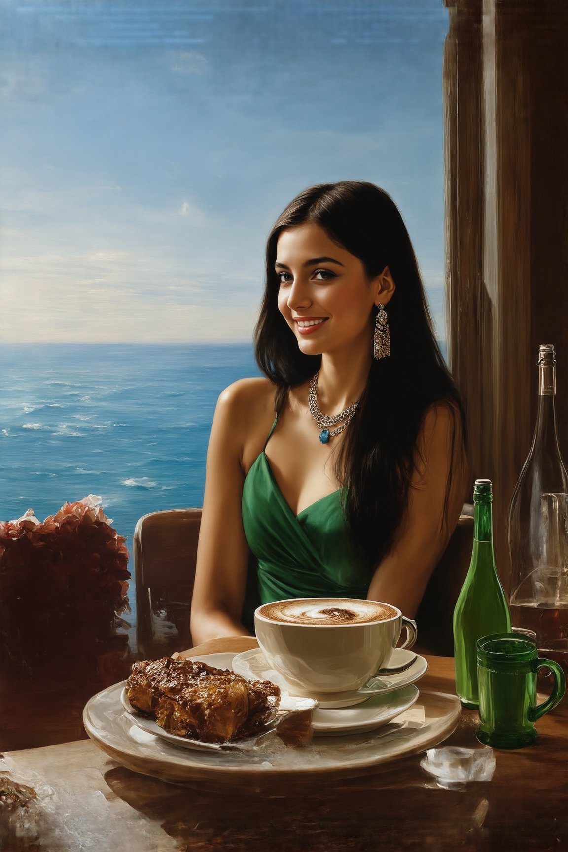 Hyper-Realistic photo of a girl sitting in a cafe,(20yo), 1girl,Brazilian girl,elegant dress,detailed exquisite face,soft shiny skin,model body,smile,mesmerizing,long black hair,small earrings,necklaces,(Modern Green,Hazel Brown and Cream colors),at night,(dark)
BREAK
backdrop:ocean view cafe,table,coffee mug,dessert,bottle,window, flower,ocean,sky,cluttered maximalism,girl focus
BREAK 
settings:(rule of thirds:1.3),perfect composition,depth of perspective,studio photo,trending on artstation,(Masterpiece,Best quality,32k,UHD:1.4),(sharp focus,high contrast,HDR,hyper-detailed,intricate details,ultra-realistic,kodachrome 800:1.3),(chiaroscuro lighting),by Karol Bak$,Gustav Klimt$ and Hayao Miyazaki$,ek_art_b00ster,ek_real_b00ster