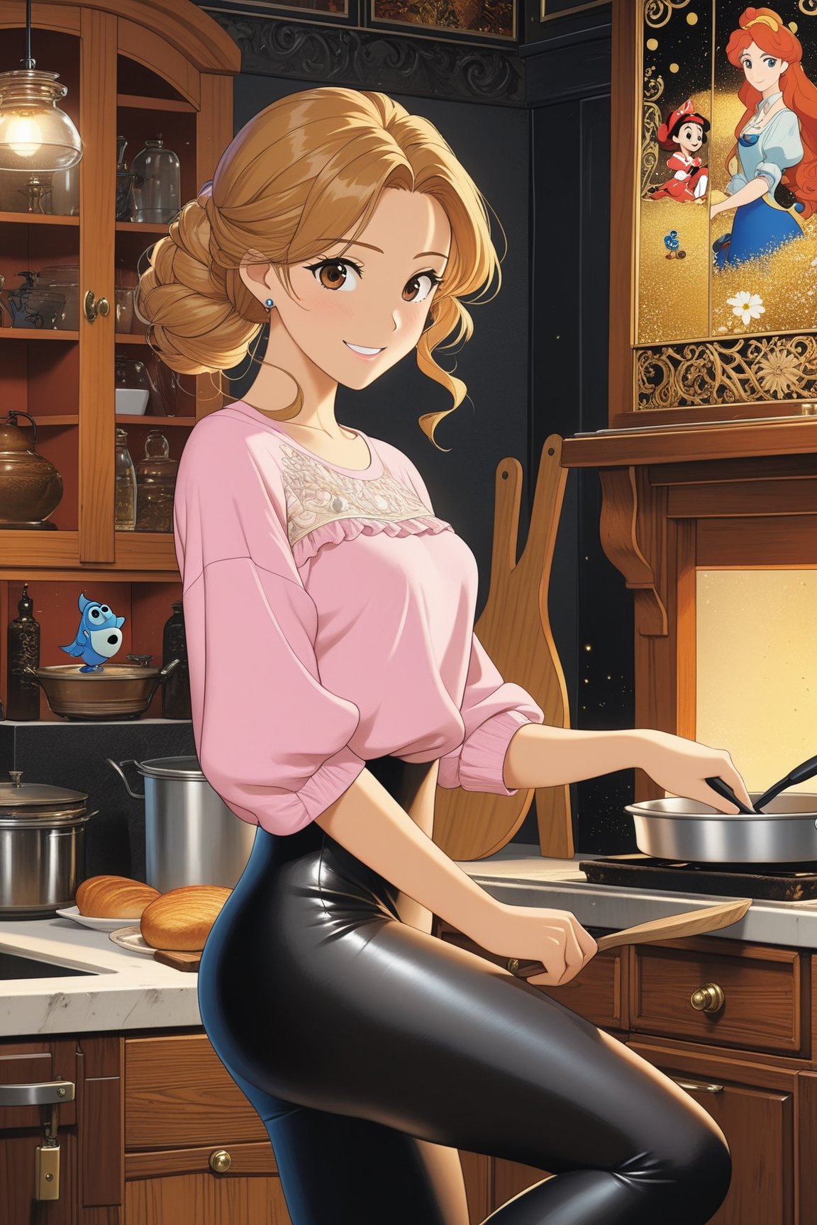 Highly detailed anime of a beautiful girl cooking in kitchen,20yo,1 girl,Big smile,short brown hair,[dark] brown skin,wearing a pink shirt and black leggings
BREAK
[backdrop of kitchen and livingroom,TV,sofa,1boy,cluttered maximalism],(girl focus)
BREAK 
(anime vibes:1.3),(Disney Pixar-style:1.3),rule of thirds,studio photo,(masterpiece,best quality,trending on artstation,8K,Hyper-detailed,intricate details),cinematic lighting,by Karol Bak,Gustav Klimt and Hayao Miyazaki,ani_booster,real_booster,art_booster