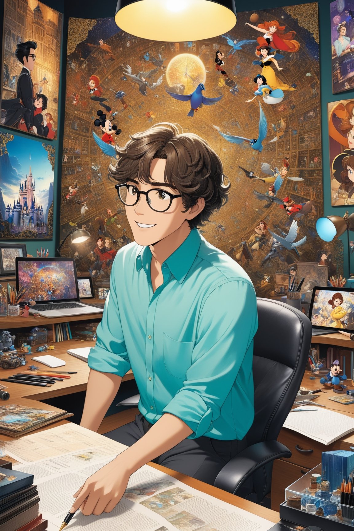 Highly detailed anime of a young businessman sitting in front of a computer in his office,looking excited,short brown hair,brown skin,wearing glasses,wearing an aqua shirt,backdrop of busy office,cluttered maximalism,(Disney Pixar-style:1.3)
BREAK 
(anime vibes:1.3),rule of thirds,studio photo,(masterpiece,best quality,trending on artstation,8K,Hyper-detailed,intricate details,ink and pen),cinematic lighting,by Karol Bak,Antonio López,Gustav Klimt and Hayao Miyazaki,ani_booster,real_booster,art_booster