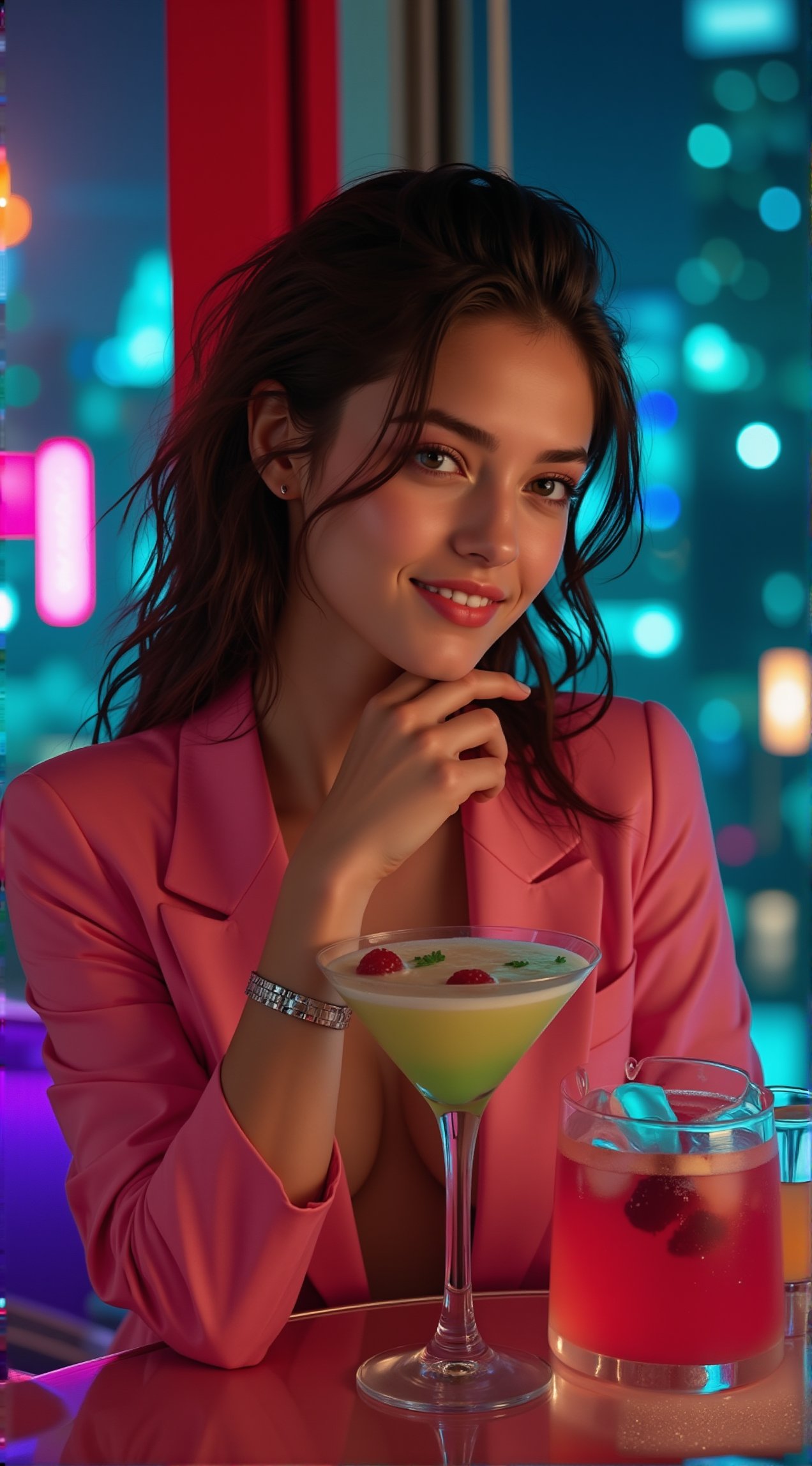 a beautiful girl,exquisite face,smile,wearing urban high fashion style,in a skyview cafe at night,cocktail,dessert,city scrapes,chiaroscuro lighting,[Coral Pink,Lime Green,Purple,White colors],sharp high nose,ek_art_b00ster,beauy_ks01