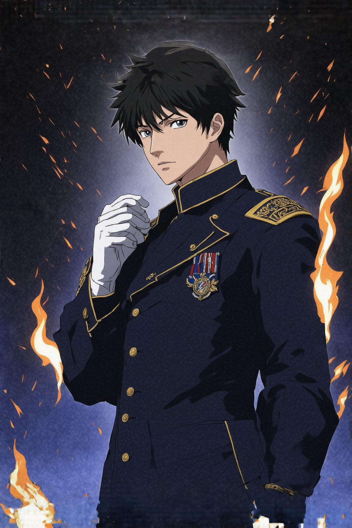 Roy Mustang, a lone figure shrouded in darkness, gazes directly at the viewer with an expressionless face, black hair neatly styled, and white gloves glistening under the dim light. He stands tall, sleek army colonel uniform perfectly aligned, military coat on shoulders, blue pants reflecting the faint embers of flames dancing nearby. His eyes gleam like polished coal, a hint of seriousness etched on his face as he adjusts his jacket's collar. Flickering sparks with flames illuminate the dark tunnel backdrop, where the edges of his long sleeves and gloves seem to absorb the light.
BREAK 
(rule of thirds:1.3),perfect composition,trending on artstation,(thick and clear drawing lines:1.3),(masterpiece,best quality,32K,UHD,sharp focus,high contrast,hyper-detailed,intricate details,ultra-clear,cinematic lighting,vivid colors:1.5),ek_ani_b00ster,ek_art_b00ster