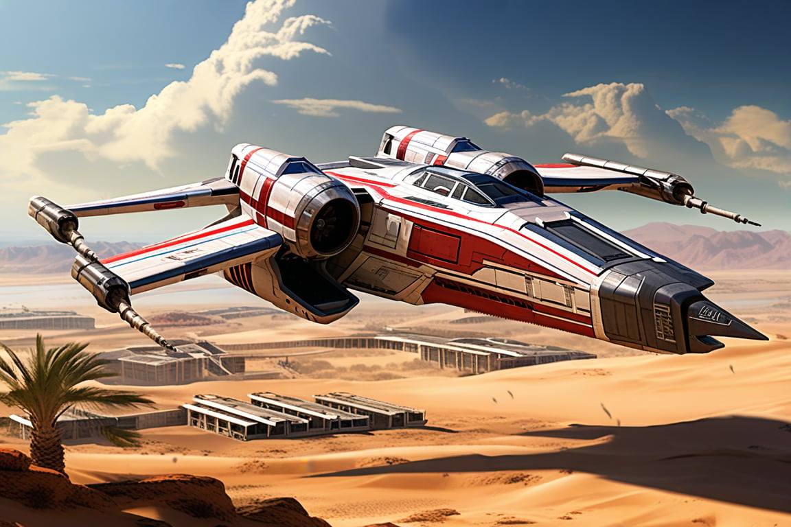 A realistic photo of starship x-wing starfighter in Star Wars universe,red striped body,parked on ground with ((stands)) on desert,wings folded,laser cannons at each wing tip,engines located at wing root, backdrop:desert,sand,palm tree,,sky,cloud,cityscrapes,front left view,R2 D2 walking around next to the ship, ek_starsh1p,ek_xw1ng,ek_xwf1,realistic,detailed,sleek shiny aircraft